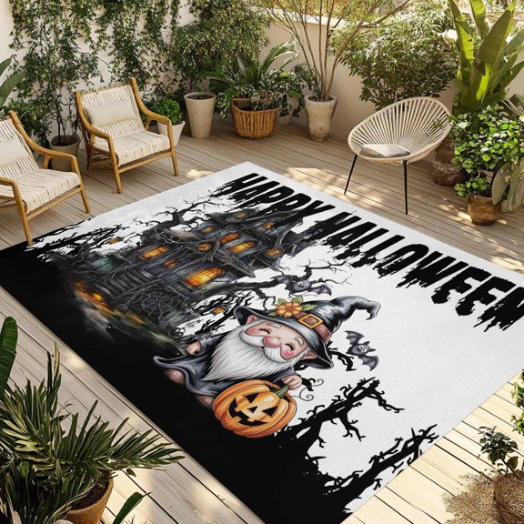 Halloween Outdoor Rug 4x6 Ft - Reversible Patio Rug Outdoor Camping Rugs, Skull Pumpkin Gnomes Bare Tree Hunting House Washable Indoor Outdoor Area Rugs, Non-Slip Outdoor Carpet Runner for Deck/Porch