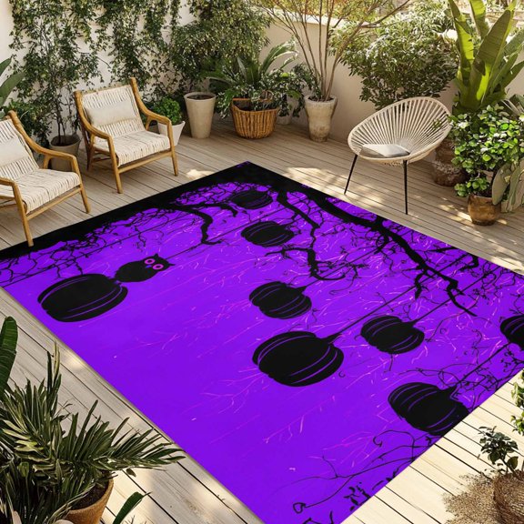 Halloween Outdoor Rug 5x7 Ft - Reversible Patio Rug Outdoor Camping Rugs, Owl Horror Pumpkin Tree Black Purple Washable Indoor Outdoor Area Rugs, Non-Slip Outdoor Carpet Runner for Deck/Porch