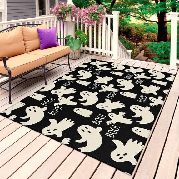 Halloween Outdoor Rug 5x8 Ft, Non Slip Washable Area Rug, White Scary Ghosts Horror Vintage Black Patio Rugs Carpet Runner, Large Floor Mat for Indoor/Outdoor Deck Porch Camping