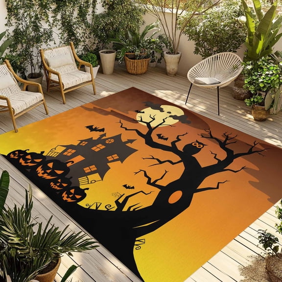 Halloween Outdoor Rug 6x9 Ft - Reversible Patio Rug Outdoor Camping Rugs, Pumpkin Castle Owl Moon Tree Orange Washable Indoor Outdoor Area Rugs, Non-Slip Outdoor Carpet Runner for Deck/Porch