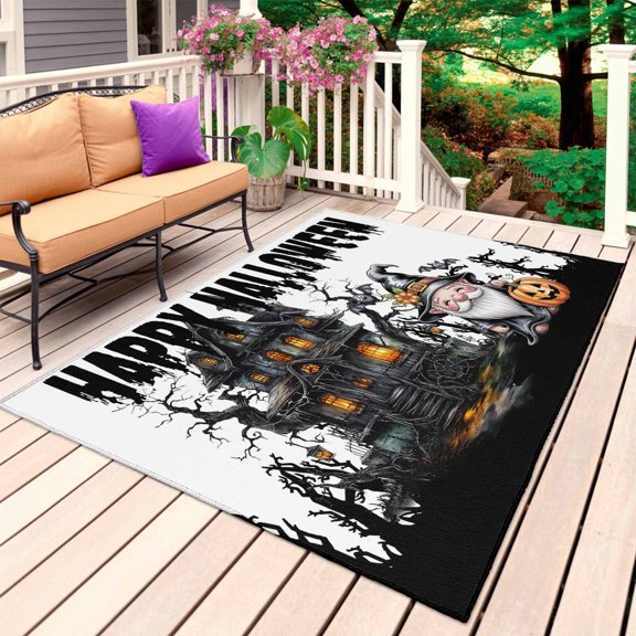 Halloween Outdoor Rug for Patio/Deck/Porch, Non-Slip Large Area Rug 3 x 5 Ft, Skull Pumpkin Gnomes Bare Tree Hunting House Indoor Outdoor Rugs Washable Area Rugs, Reversible Camping Rug Carpet Runner