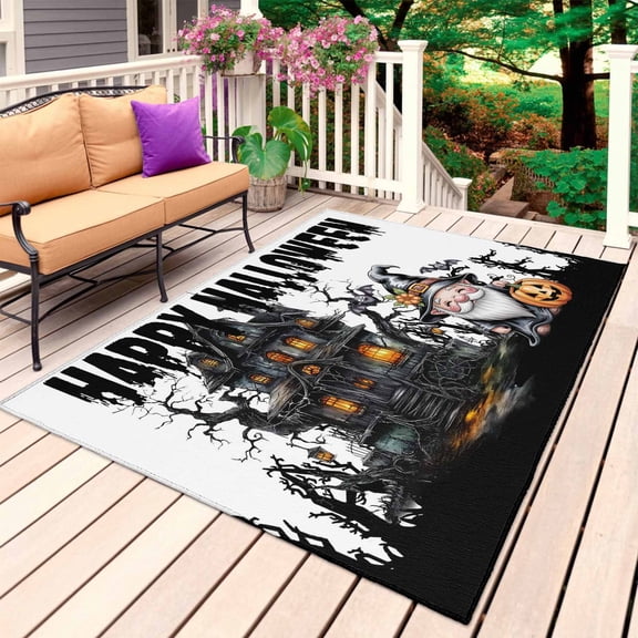 Halloween Outdoor Rug for Patio/Deck/Porch, Non-Slip Large Area Rug 4 x 6 Ft, Skull Pumpkin Gnomes Bare Tree Hunting House Indoor Outdoor Rugs Washable Area Rugs, Reversible Camping Rug Carpet Runner