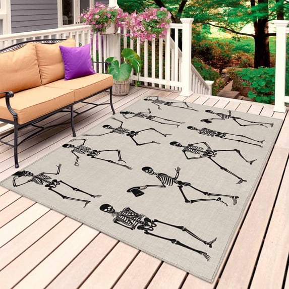Halloween Outdoor Rug for Patio/Deck/Porch, Non-Slip Large Area Rug 5 x 7 Ft, Retro Style Skull Skeleton Monochrome Indoor Outdoor Rugs Washable Area Rugs, Reversible Camping Rug Carpet Runner