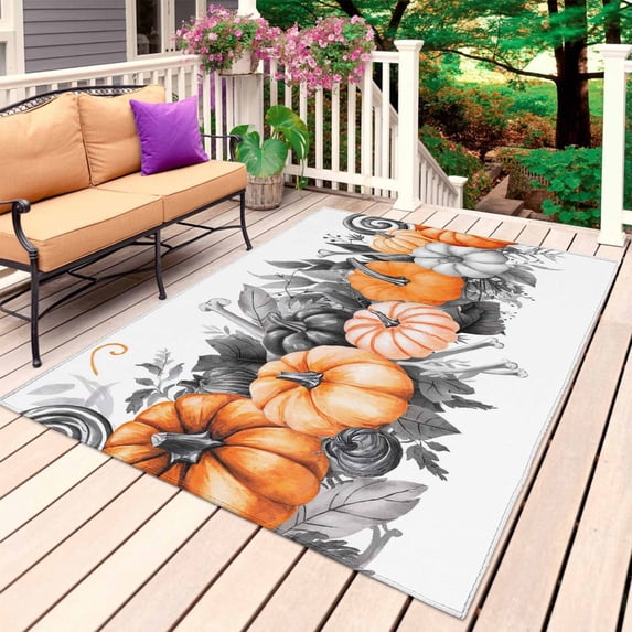 Halloween Outdoor Rug for Patio/Deck/Porch, Non-Slip Large Area Rug 6 x 9 Ft, Vintage Grey Orange Pumpkin Leaves Skull Indoor Outdoor Rugs Washable Area Rugs, Reversible Camping Rug Carpet Runner