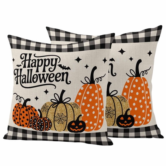 Halloween Outdoor Waterproof Pillow Covers, Black Checkered Pumpkin Polka Dot Bat Decorative Square Throw Pillowcase Sofa Cushion Sham for Patio/Couch/Chair, 20"x20" 2 Pack