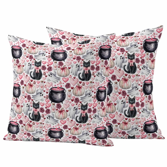 Halloween Outdoor Waterproof Pillow Covers, Ghost Pink Love Bow Pumpkin Rose Cat Decorative Square Throw Pillowcase Sofa Cushion Sham for Patio/Couch/Chair, 24"x24" 2 Pack