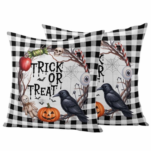 Halloween Outdoor Waterproof Pillow Covers, Horror Pumpkin Crow Skull Black White Checkered Decorative Square Throw Pillowcase Sofa Cushion Sham for Patio/Couch/Chair, 18"x18" 2 Pack