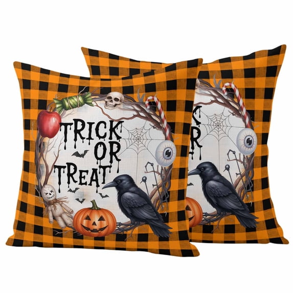 Halloween Outdoor Waterproof Pillow Covers, Horror Pumpkin Crow Skull Orange Black Checkered Decorative Square Throw Pillowcase Sofa Cushion Sham for Patio/Couch/Chair, 20"x20" 2 Pack