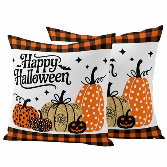 Halloween Outdoor Waterproof Pillow Covers, Plaid Pumpkin Cartoon Orange Spiderwebs Decorative Square Throw Pillowcase Sofa Cushion Sham for Patio/Couch/Chair, 24"x24" 2 Pack