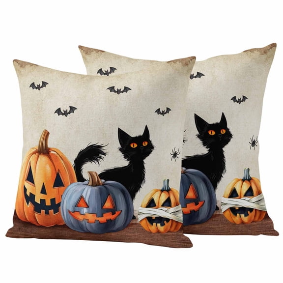 Halloween Outdoor Waterproof Pillow Covers, Vintage Spooky Pumpkins Horror Bat Black Cat Decorative Square Throw Pillowcase Sofa Cushion Sham for Patio/Couch/Chair, 18"x18" 2 Pack