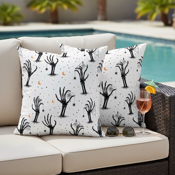 Halloween Outdoor Waterproof Throw Pillow Covers Set of 2, 26"x26", Creepy Minimalist Skeletons Zombie Hands Cobweb Moon Decorative Pillow Covers Outside Cushion Case for Patio Porch Garden