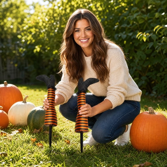Halloween Outdoor Witch Legs Yard Stakes, Witch Halloween Graveyard Lawn, Yard, Prop and Patio Decorations, 18.5 Inches