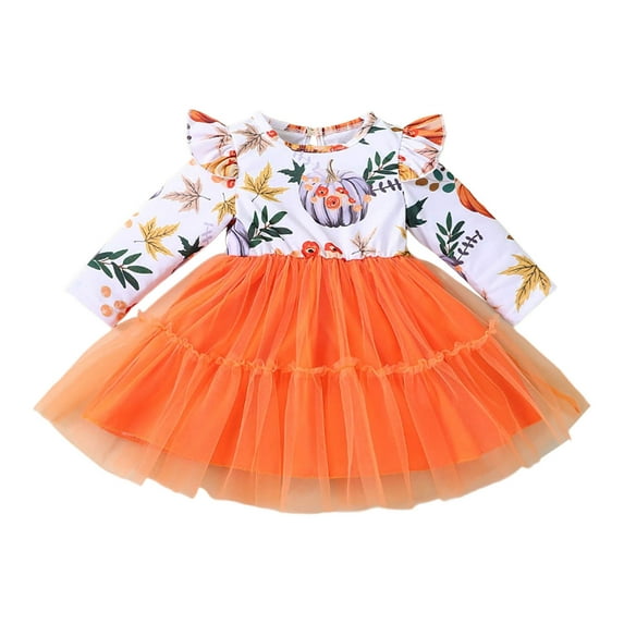 Halloween Outfit for Toddler Girl Pumpkin Bat Dress Tutu Dress Long Sleeve Tulle Tutu Skirt Cute Fall Halloween Clothes Orange 120
