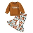 thumbnail image 1 of Halloween Outfits 6M 12M 18M 24M 3Y 4Y Mamas Pumpkin Print with Pumpkin Print Flare Pants Thanksgiving Fall Clothes Set, 1 of 9