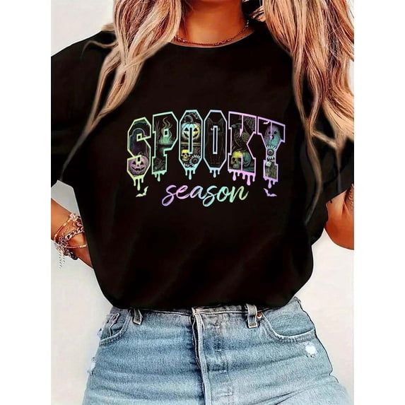 Halloween Outfits For Women, Retro Spooky Season Black Ghost Pumpkin Halloween TShirt