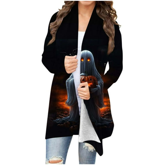 Halloween Outfits Lightweight Cardigans for Women Long Sleeve Funny Graphic Printed Open Front Cardigan Outerwear (XL, Black 03)