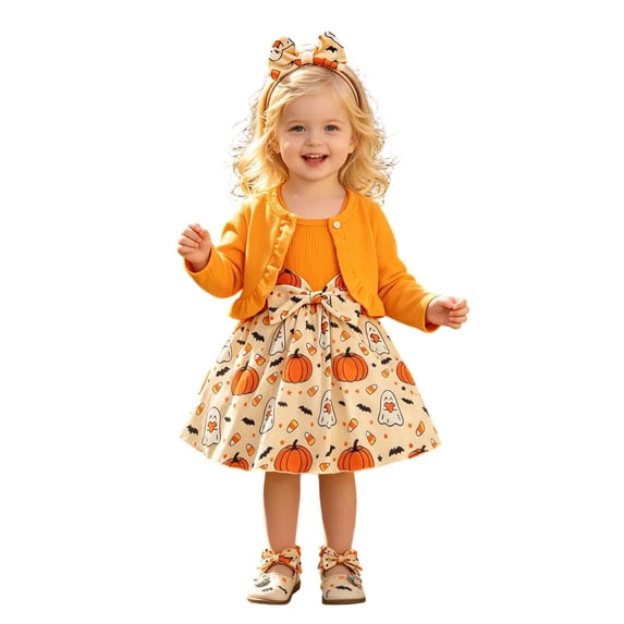 Halloween Outfits Set 3PC Toddler Girl Pumpkin Ghost Print Sleeveless Bow Dress Long Sleeve Ruffles Coat Tops Headbands Comfy Festival Clothing Size 2-3T