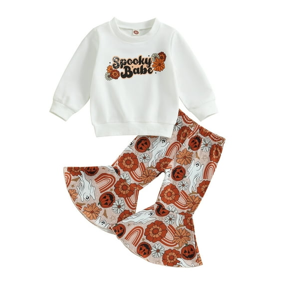 Halloween Outfits for Girls Bell Bottoms Toddler Baby Pants Set 6M 12M 18M 24M 2Y 3Y 4Y Letters Pumpkin Pie Tops + Trousers
