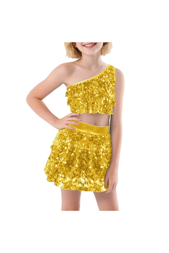 Girls Outfits 2 piece Sequin Performance Two Piece Outfit Stretchy Comfort Fit Dance Top And Skirt For Parties And Shows,Gold,4-5 Years