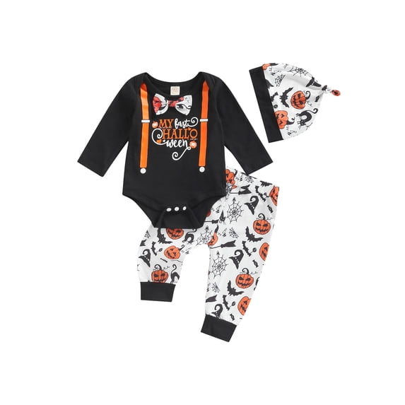 Halloween Outfits for Newborn Infant Todder, My 1st Halloween Long Sleeve Tops + Halloween Patterned Pants Set with Matching Hat