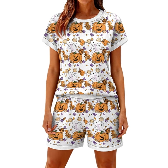 Halloween Outfits for Women 2 Piece Sets Candy Witch Hat Crew Neck Horror Shirts and Spiderweb Skeleton Wide Leg Funny Shorts, XL