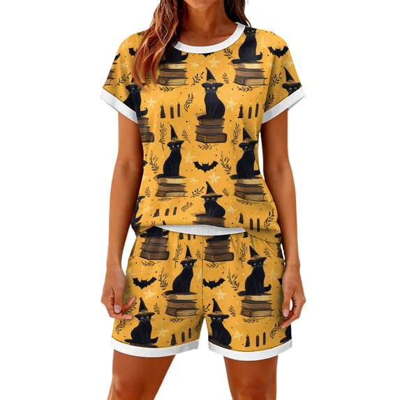 Halloween Outfits for Women 2 Piece Sets Spiderweb Ghost Short Sleeve Funny Blouses and Witch Hat Bat Wide Leg Spooky Shorts, M