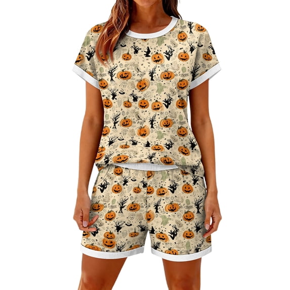 Halloween Outfits for Women 2 Piece Sets Spiderweb Skull Crew Neck Spooky Tops and Pumpkin Bat High Waist Horror Shorts, S