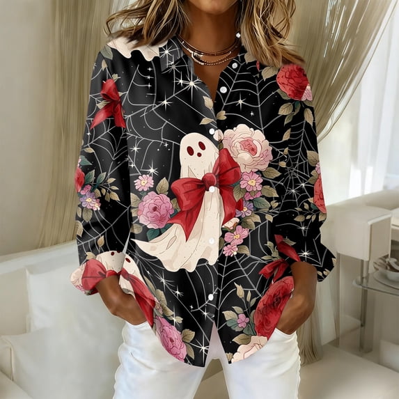 Halloween Outfits for Women Button Down Collared Funny Cartoon Ghost Womens Graphic T Shirts Fall Long Sleeve Holiday Fashion Clothing Wine XXXL