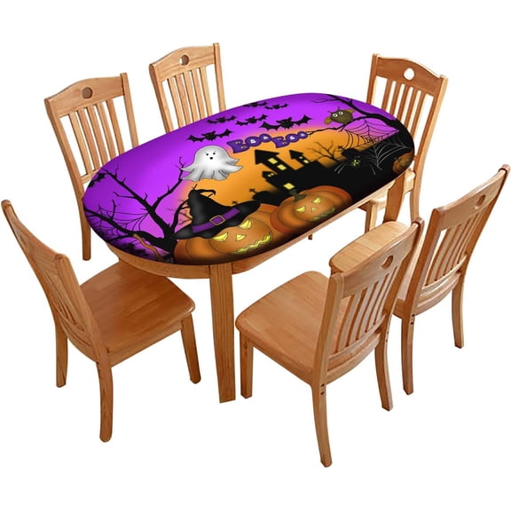 Halloween Oval Fitted Table Cover, Pumpkins Ghost Print Waterproof Spillproof Elastic Edged Tablecloths, for Indoor/Outdoor Patio and Kitchen Dining, Fits 48" x 68" Table, Purple Orange