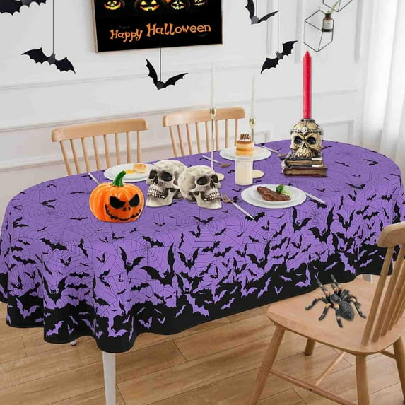 Halloween Oval Tablecloth, 6084 Inch, Purple Bat Washable Table Cover for Party Picnic Dinner Table Decor