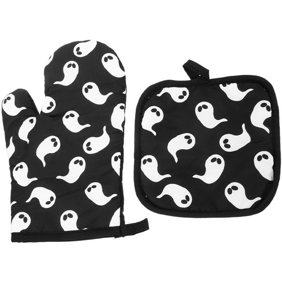 Halloween Oven Mitts and Pot Holder Set, Halloween Ghost Oven Mitts & Potholders Heat Resistant Non Slip Cooking Gloves for Halloween Party BBQ Baking