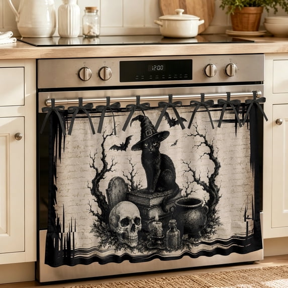 Halloween Oven Skirt for Farmhouse Kitchen Décor, Black Cats Skulls Spooky Branches Bats Rustic Beige Oven Curtain Tie Top Stove Skirt, Cabinet Dish Washer Curtains with 8 Ribbon Ties 27"x20"
