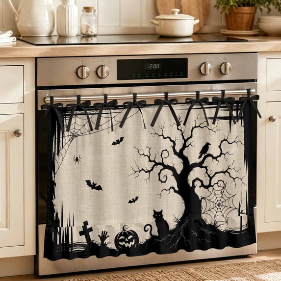 Halloween Oven Skirt for Farmhouse Kitchen Décor, Black Ghost Trees Bats Cats Rustic Fall Beige Oven Curtain Tie Top Decorative Stove Skirt, Cabinet Dish Washer Curtains with 8 Ribbon Ties 30"x21.5"