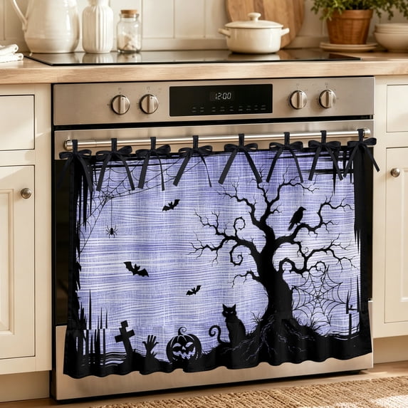 Halloween Oven Skirt for Farmhouse Kitchen Décor, Black Horror Trees Bats Cats Birds Rustic Purple Oven Curtain Tie Top Stove Skirt, Cabinet Dish Washer Curtains with 8 Ribbon Ties 32"x24"
