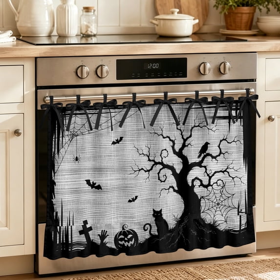 Halloween Oven Skirt for Farmhouse Kitchen Décor, Black Spooky Branches Bats Cats Fall Country Gray Oven Curtain Tie Top Stove Skirt, Cabinet Dish Washer Curtains with 8 Ribbon Ties 27"x20"