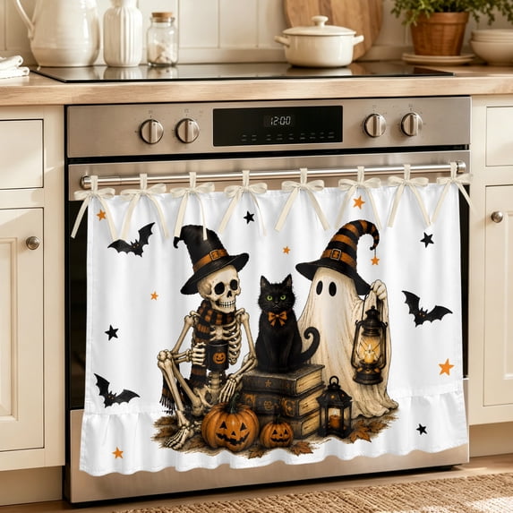 Halloween Oven Skirt for Farmhouse Kitchen Décor, Horror Skull Cat Cute Ghost Pumpkins Oven Curtain Tie Top Decorative Stove Skirt, Cabinet Dish Washer Curtains with 8 Ribbon Ties 32"x24"