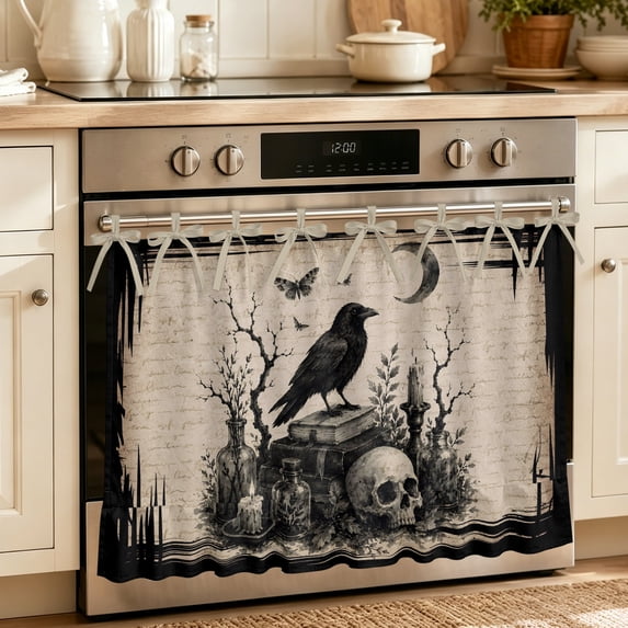 Halloween Oven Skirt for Farmhouse Kitchen Décor, Horror Skulls Bones Black Crow Spooky Rustic Beige Oven Curtain Tie Top Stove Skirt, Cabinet Dish Washer Curtains with 8 Ribbon Ties 30"x21.5"
