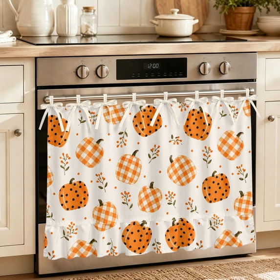 Halloween Oven Skirt for Farmhouse Kitchen Décor, Orange Pumpkins Buffalo Plaid Vintage Berry Oven Curtain Tie Top Decorative Stove Skirt, Cabinet Dish Washer Curtains with 8 Ribbon Ties 27"x20"