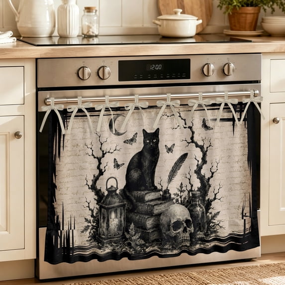 Halloween Oven Skirt for Farmhouse Kitchen Décor, Vintage Rustic Skeleton Skull Cats Branches Beige Oven Curtain Tie Top Stove Skirt, Cabinet Dish Washer Curtains with 8 Ribbon Ties 30"x21.5"
