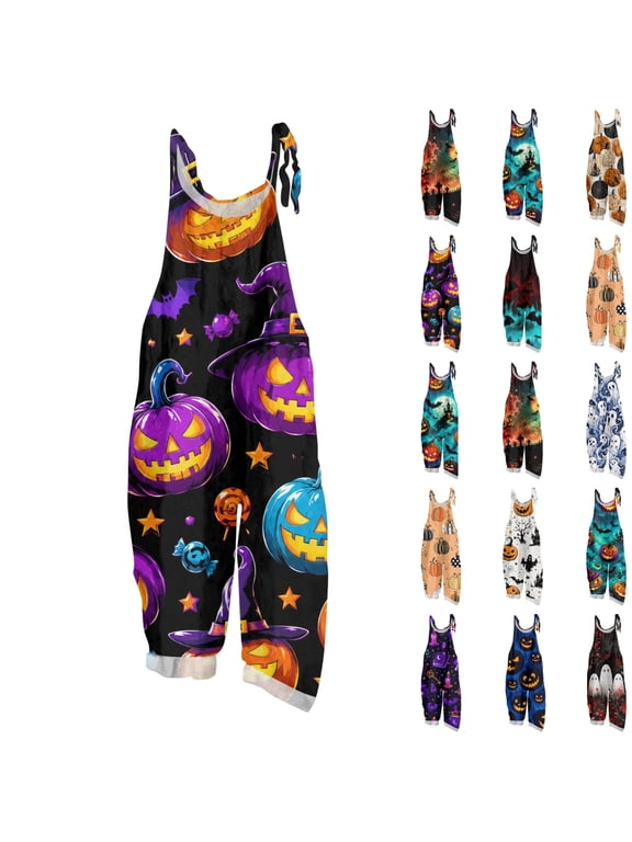 Halloween Overalls for Women Ghost Print Jumpsuit Sleeveless Adjustable Strap Wide Leg Romper Casual Costume Outfit Fall Holiday Party Wear,#01 Sky Blue,XL
