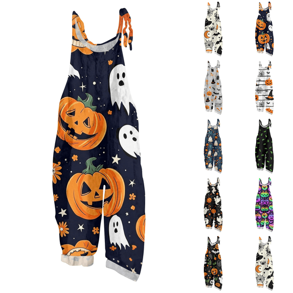Halloween Overalls for Women Floral Print Linen Jumpsuit Wide Leg Spaghetti strap Rompers Pants with pockets