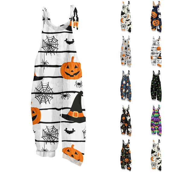 Halloween Overalls for Women Floral Print Linen Jumpsuit Wide Leg Spaghetti strap Rompers Pants with pockets
