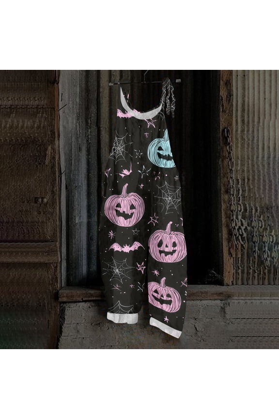 Halloween Overalls for Women Skeleton Candy Wide Leg Backless Horror Jumpsuits Bat Skull Halter Spooky Overalls, S
