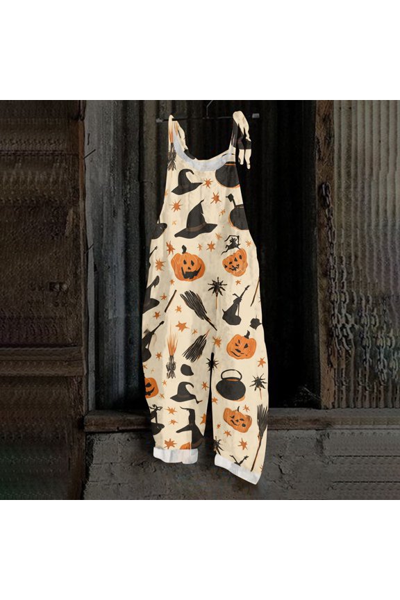 Halloween Overalls for Women Skeleton Castle Sleeveless Backless Horror Overalls Spiderweb Bat Halter Funny Jumpsuits, S