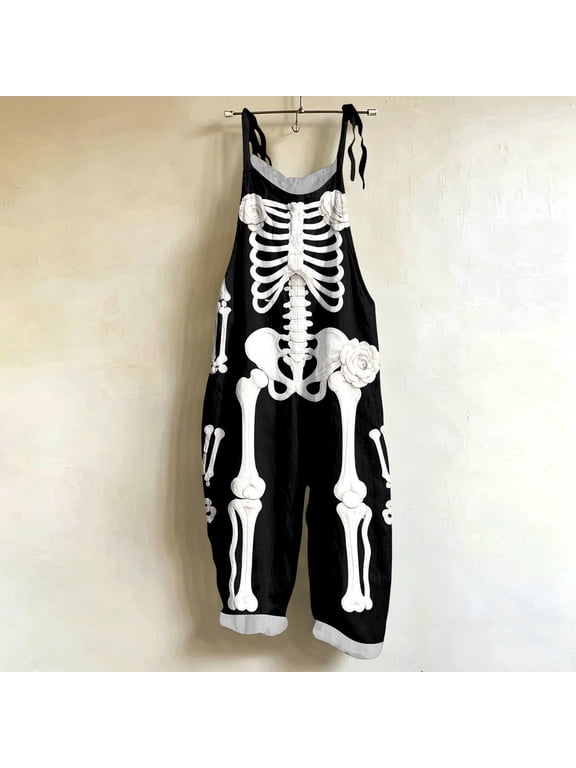 Halloween Overalls for Women Skeleton Graphic Jumpsuit Wide Leg Rompers Pants (Black XXL)