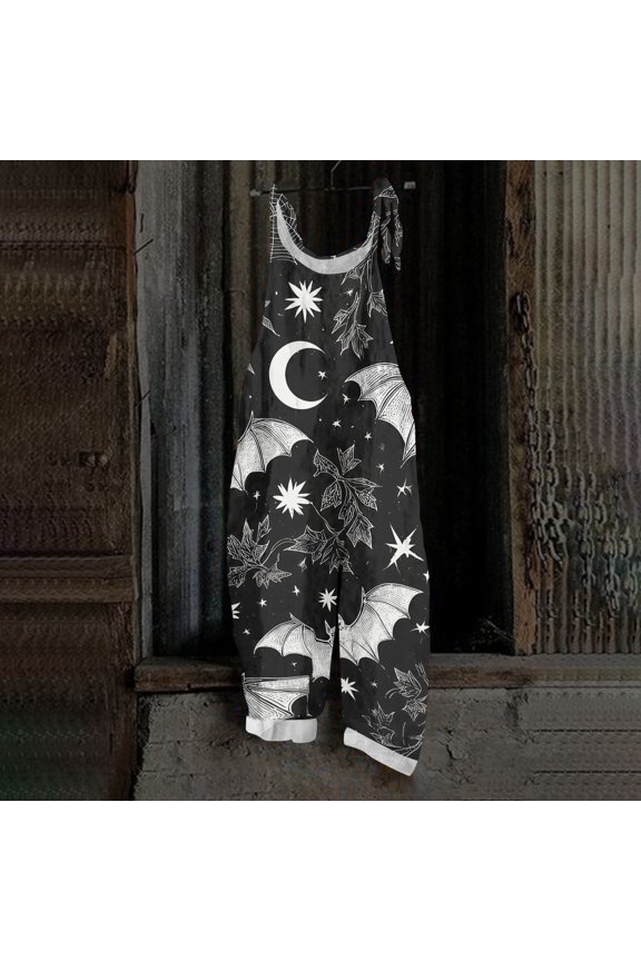 Halloween Overalls for Women Skull Spiderweb Wide Leg Backless Spooky Overalls Pumpkin Skeleton Sleeveless Funny Jumpsuits, S