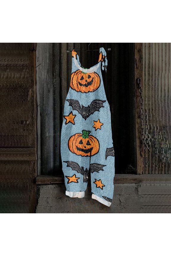 Halloween Overalls for Women Witch Hat Ghost Wide Leg Backless Funny Jumpsuits Bat Skull Halter Horror Overalls, L