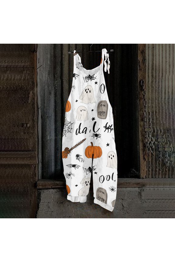 Halloween Overalls for Women Witch Hat Pumpkin Wide Leg Backless Spooky Jumpsuits Skeleton Candy Sleeveless Horror Overalls, L