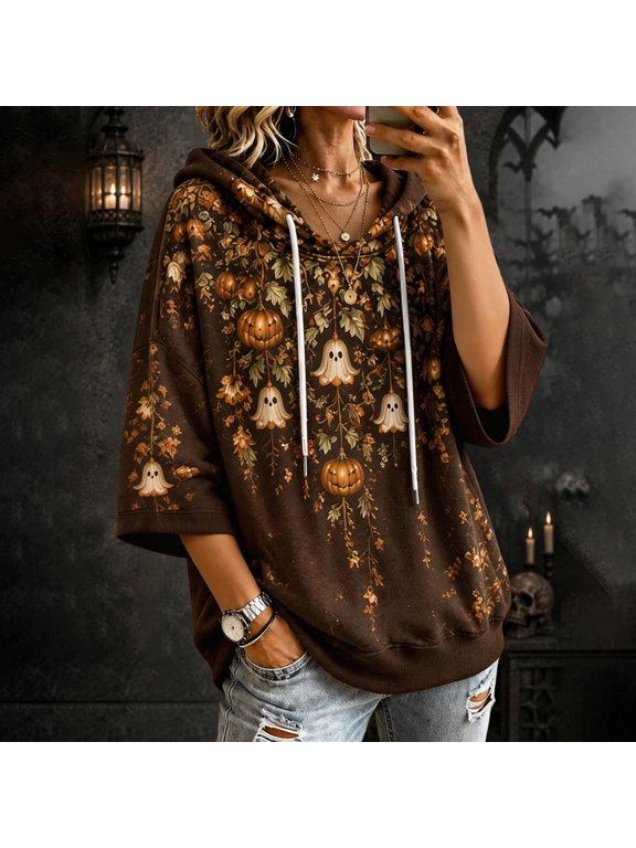 Halloween Oversized Hoodies for Women 3/4 Sleeve Vintage Graphic Hooded Sweatshirts 2026 Gothic Spooky Funny Batwing Hoodies, 2XL
