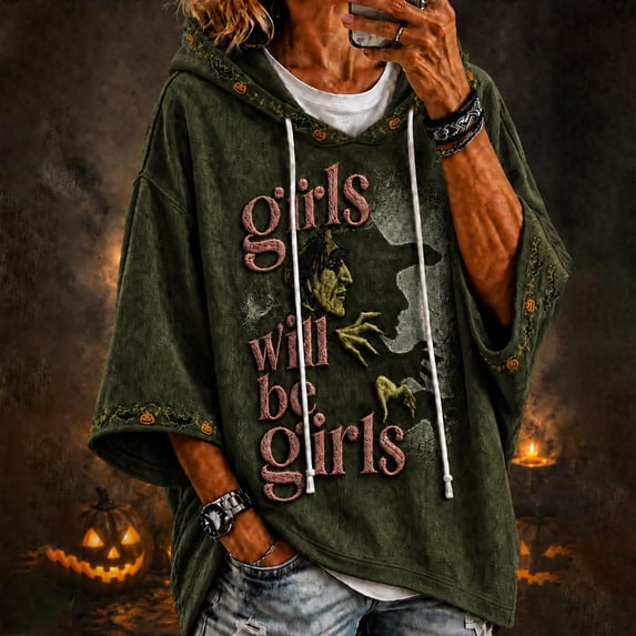 Halloween Oversized Hoodies for Women 3/4 Sleeve Vintage Graphic Hooded Sweatshirts 2026 Gothic Spooky Hoodies, L
